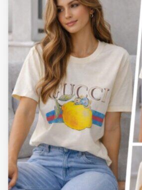 Cream Graphic Tee Lemon Bunny Print Soft Cotton Designer Style Shirt Size: L